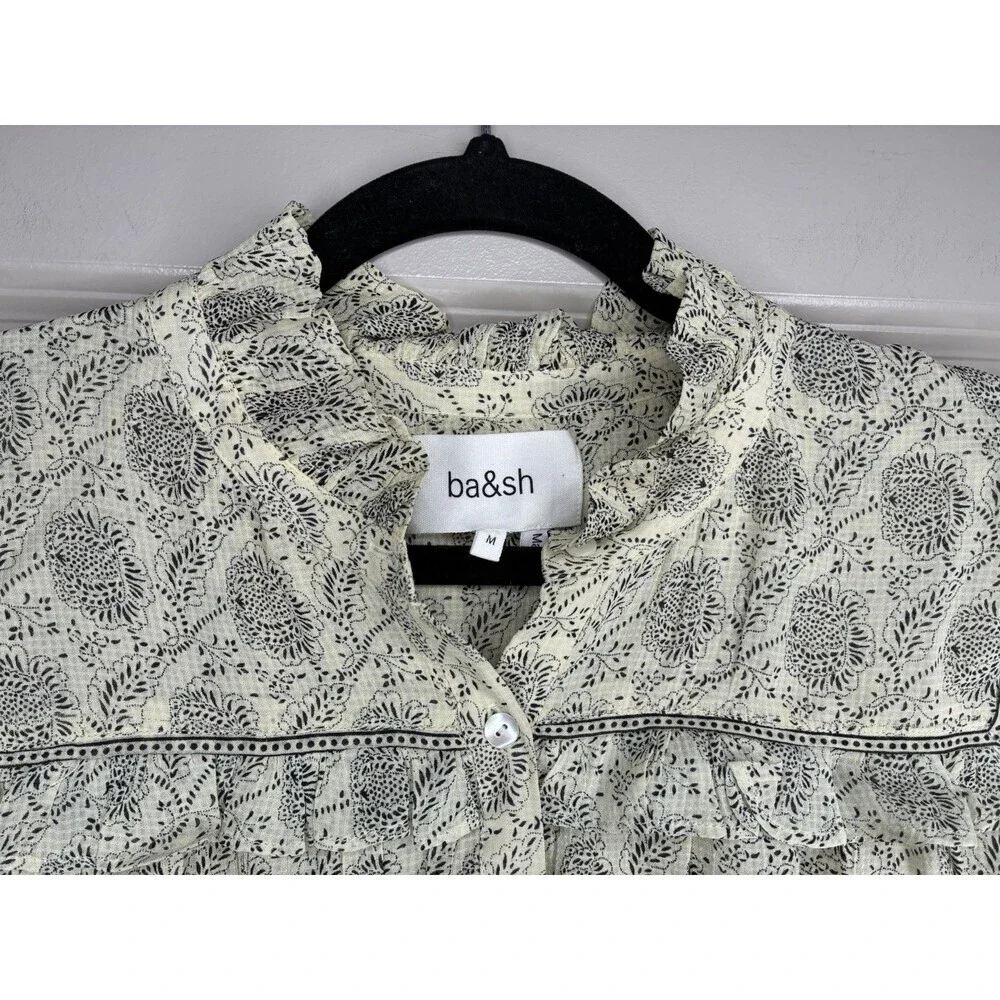 Ba&sh Bora Shirt Light Yellow Pattern Size Medium Long Sleeve Ruffle Trim_4